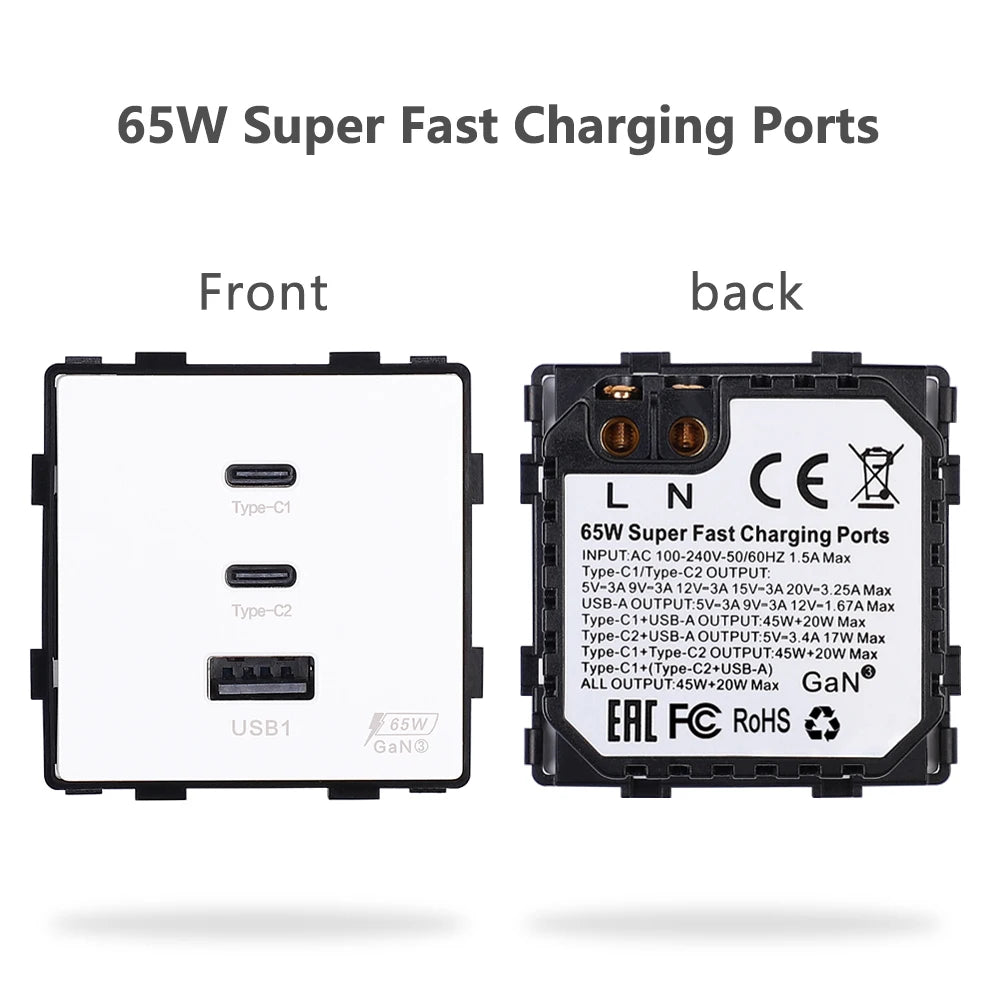 Prise USB/USB-C 65W Plug Support Glass Frames