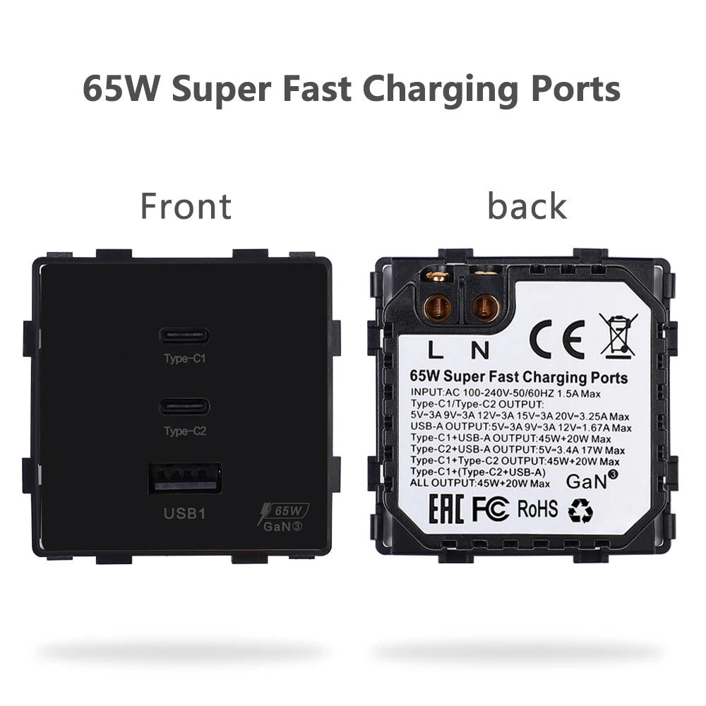 Prise USB/USB-C 65W Plug Support Glass Frames