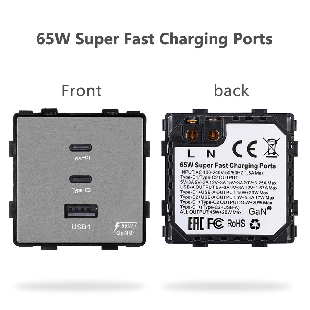 Prise USB/USB-C 65W Plug Support Glass Frames